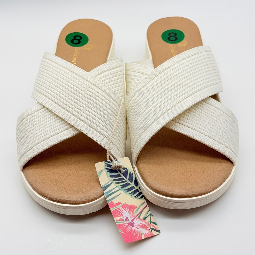 Tommy Bahama Eloise Cream Ribbed Crisscross Platform Slide Sandals PL261123 NEW